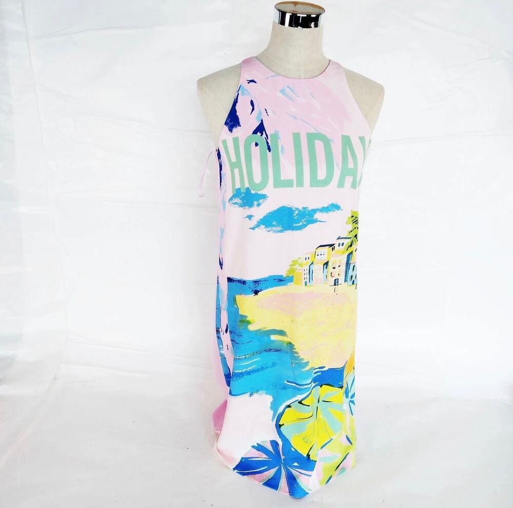 Boutique Moschino Pink Holiday Landscape Print Crepe Shift Dress Sz. 6